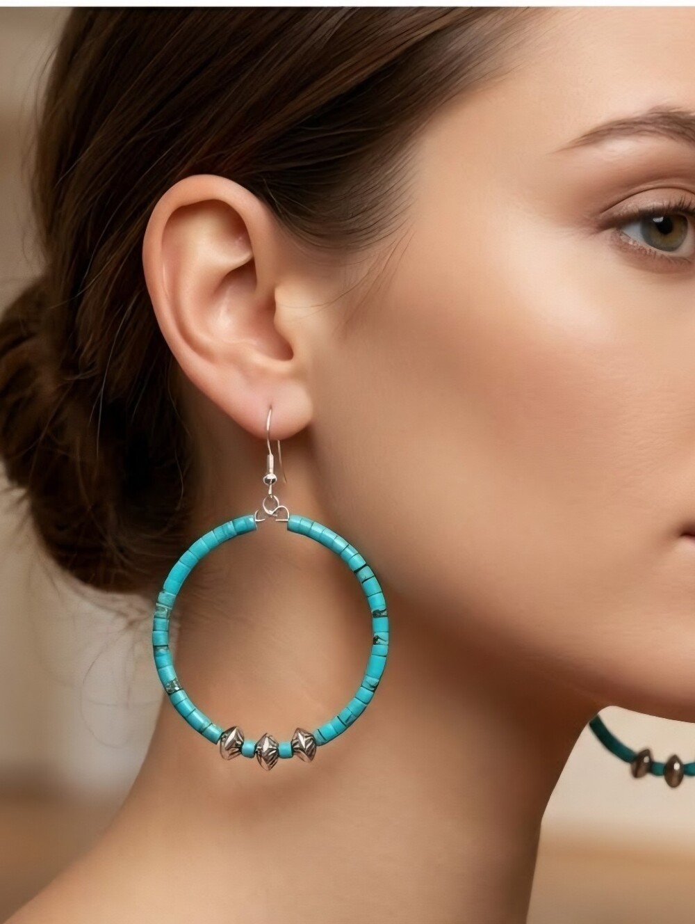 Sterling Silver TURQUOISE Heishe Bead HOOP earrings